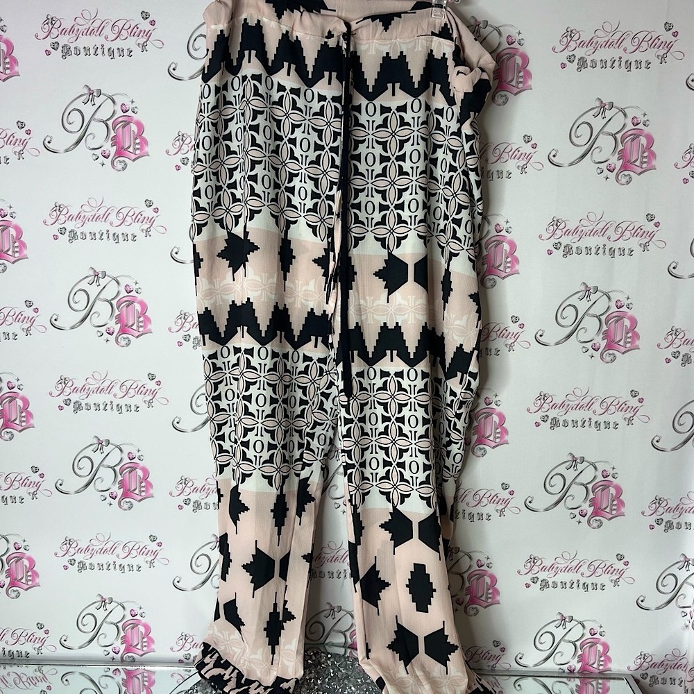 Milan kiss pants wide leg flare Elegant Black and Cream Patterned boho